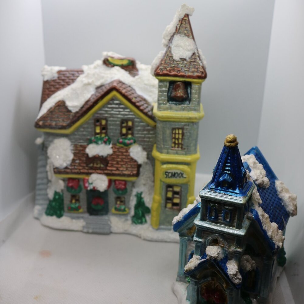 Lot of 2 Christmas village school and church hand painted